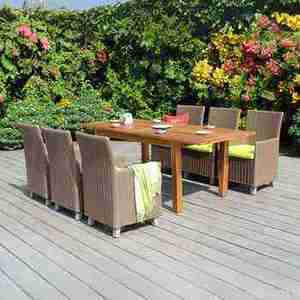 Ensemble de salle à manger en rotin de qualité supérieure pour 6 personnes avec table en bois massif pour patio - Product Image 1