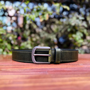 Ceinture en cuir ciré perforé vintage, couleur olive, avec boucle ardillon en alliage de zinc, cuir souple et durable, largeur 35 mm, style formel - Product Image 3
