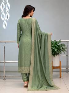 Designer Elegant Malai Glass <b>Tissue</b> With Kanjivaram Hand Work Jacquard Weaving Top And Pant With Duppta Ready To Wear Set - Product Image 3