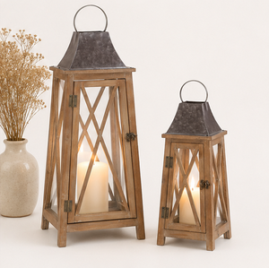 Stylish Eco-Friendly Wooden Candle <b>Lantern</b> <b>Set</b> Metal Top Modern X-Frame Floor <b>Lanterns</b> for Christmas Indoor Outdoor Home Decor - Product Image 2