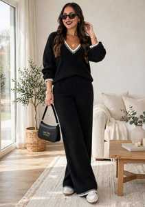Ensemble de survêtement en tricot noir pour femmes, col en V, haut à manches longues, pantalon large, tenue décontractée - Product Image 6