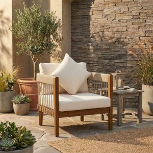 Sillón de Exterior Moderno de Madera de Acacia con Respaldo Curvo y Detalles de Cuerda Tejida a Mano, Silla Impermeable para Jardín y Piscina - Product Image 6