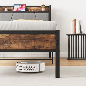 Twin Size <b>Bed</b> Frame with Storage Headboard Up-Holstered & Charging Station Solid & Stable No Box Spring Needed <b>Easy</b> Assembly - Product Image 2