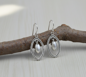 Pendientes Colgantes Hechos a Mano de Plata de Ley 925 con Madreperla, Diseño Ovalado Bohemio Vintage, Regalo de Joyería para Mujer, Elegante para Hermana - Product Image 3