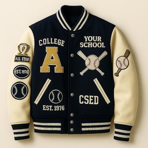 Veste universitaire personnalisée pour homme en cuir PU, style baseball, avec patchs brodés, design preppy, col rabattable, style universitaire - Product Image 1
