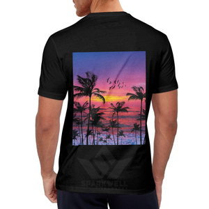 T-shirt décontracté pour homme à manches courtes, col rond, en jersey de coton, coupe classique, imprimé numérique, motif coucher de soleil noir sur fond de plage - Product Image 4