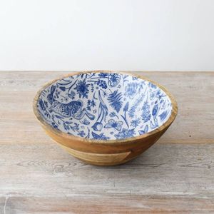 Tazón para Servir Hecho a Mano con Madera de Acacia Ecológica, con Incrustaciones Azules y Blancas, Estilo Vintage, Diseño Moderno para Uso en el Hogar, Hoteles y Restaurantes - Product Image 1