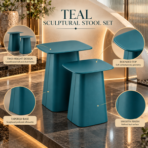 Designer Teal Sculptural <b>Stool</b> <b>Set</b> | Two Height Rounded Top Tapered Base Smooth Finish Contemporary Accent Side <b>Table</b> Furnitures - Product Image 5