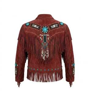 Blouson en daim bordeaux à franges, style western perlé, col rabattu, manches longues, grande taille, chic prairie, automne - Product Image 2