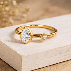Full Bezel Set Pear And Round IGI Certified Timeless Elegant Design E Color 10k 14k 18k Solid Gold Engagement Ring For Her - Product Image 1