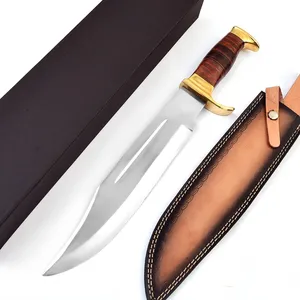 High Quality Carbon Steel Fixed Blade Hunting <b>Knife</b> Dundee Bowie <b>Knife</b> Camping Outdoor <b>Knives</b> with Stacked Leather <b>Handle</b> OEM - Product Image 1