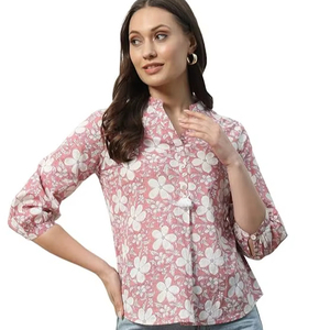 Blusa de Algodón con Estampado Floral para Mujer, Corte Regular, con Botones Decorativos - Product Image 1