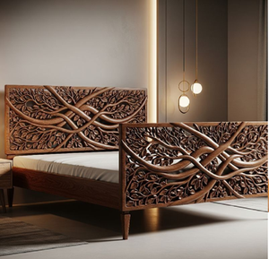 Cama artística moderna con un hermoso diseño de ramas entrelazadas y un perfil bajo y elegante. Disponible a precios de mayorista. - Product Image 1