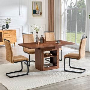 Set Tavolo da Pranzo Allungabile 59-71 Pollici con Piano in MDF Noce e 4 Sedie in Tessuto Tecnologico Marrone per Sala da Pranzo - Product Image 1