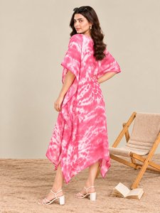 Vestido Midi Boho Tie Dye para Mujer, Verano, Holgado, Manga Murciélago, Cuello Redondo, Casual, para la Playa - Product Image 5