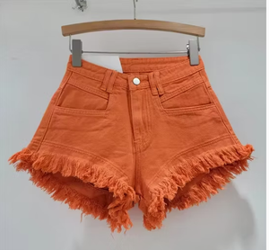Shorts de Mezclilla Desgastados de Cintura Alta para Mujer, Color Caramelo, Verano, Casual, Transpirable, Algodón, Rotos, Desgastados - Product Image 4