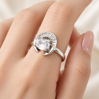 Oval Center Zircon 925 Sterling Silver Ring with an Open Fan of Clear Tapered Side Stones