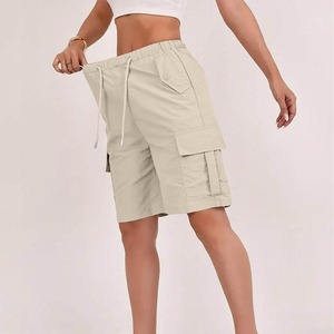 Shorts Cargo para Mujer, Color Sólido, Lona Transpirable, Cintura con Cordón Ajustable, Corte Holgado, Estilo Casual, Diseño con Bolsillos, Cintura Media - Product Image 3
