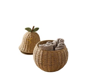 Cute Apple Shaped Seagrass Storage <b>Basket</b> <b>with</b> Stem and Leaf <b>Lid</b> Handwoven Fruit Toy Organizer Bin for Kids Nursery - Product Image 4