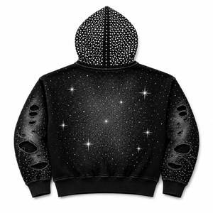 Custom Oversized Distressed & Rhinestone Zipper Hoodie Trendy Style Washed Boxy Fit 100% Cotton Fabric Hoodie For Unisex Wear - Product Image 5
