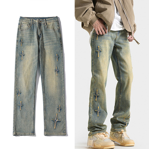 Jeans de Mezclilla de Pierna Recta para Hombre, Corte Slim, Lavado a la Piedra, Diseño de Cruz Bordada, Estilo Urbano, Otoño, Algodón de Peso Medio - Product Image 5