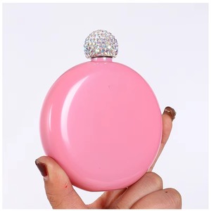 Trendy <b>Pink</b> Round Metal Hip Flask With Decorative Crystal Cap Portable Liquor Bottle For Women Party Travel Use And Gift Purpose - Product Image 4