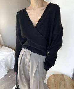 Pull en tricot jacquard à col en V pour femme, manches longues, légèrement extensible, décontracté, doux, minimaliste, haut d'automne - Product Image 4