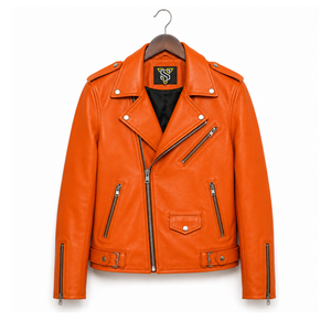 Blouson Moto Homme en Cuir PU Orange Coupe Slim Col Montant Fermeture Éclair Manches Classiques Style Hiver Logo Frontal Tendance Urbaine - Product Image 1