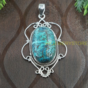 Pendentif en azurite chrysocolle naturelle, argent sterling 925, fait main, filigrane vintage, ovale, bijou cadeau pour femme - Product Image 2