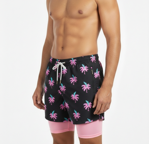 Shorts de plage pour hommes en satin 100% polyester, sublimation personnalisée, 2-en-1, avec leggings de compression intégrés, séchage rapide - Product Image 1