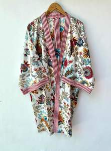 Kimono largo de algodón indio con estampado de pájaros hecho a mano para mujer, cuello en V, manga larga, estilo bohemio, para estar en casa, verano y primavera - Product Image 4