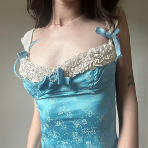 New Style Floral Print Tank <b>Top</b> Plus Size Women's Ruffled Collar With Ribbons Spring Fashion <b>Blue</b> Woven Fabric - Product Image 3
