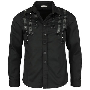 <b>Men's</b> Gothic Industrial Black Cotton Long Sleeve Shirt with Faux Leather <b>Studded</b> Appliques and Metal D-Rings Punk Rock - Product Image 1