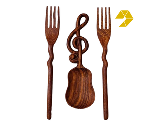 Cuchara y Tenedor de Madera Hechos a Mano, Cuchara de Madera para Servir con Forma de Nota Musical y Flor, Madera Roja de Acacia y Fresno de Vietnam, Cuchara y Tenedor de Madera Económicos - Product Image 1