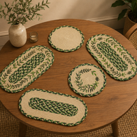 Ensemble de sets de table en jute naturelle tressée faits à la main, imprimé botanique vert, chemin de table ovale, sets de table ronds, vente en gros