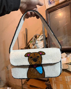 Handmade Pit Bull <b>Dog</b> Beaded Shoulder Bag White Puppy Portrait Blue <b>Bandana</b> Flap Handbag Women Wholesale Private Label - Product Image 2
