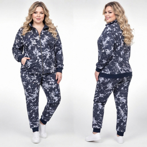Ensemble de survêtement imprimé grande taille pour femme, 100 % coton molletonné, veste à col montant et pantalon décontracté, tenue d'hiver - Product Image 1