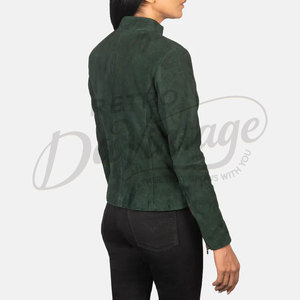 Premium Women Dark Green <b>Suede</b> Leather <b>Jacket</b> Slim Fit Soft Goat <b>Suede</b> Moto <b>Jacket</b> Elegant Collarless Casual Outerwear - Product Image 6