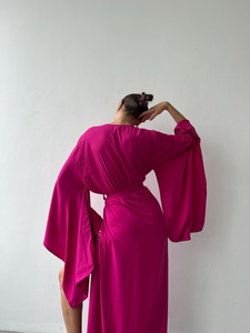 Fuchsia Satin <b>Loose</b> Fit Kimono Maxi Robe <b>Dress</b> with Wide Sleeves Deep V Neck Tie Waist Resort Beach Cover up Boho Evening Kaftan - Product Image 3