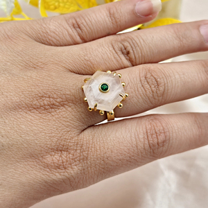 Modern jewelry natural rose quartz with emerald cz hexagon cut <b>ring</b> beaded designer 18k gold plated <b>adjustable</b> <b>ring</b> for women - Product Image 3