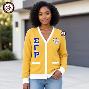 เสื้อคาร์ดิแกนไหมพรมอะคริลิกปักลาย Sigma Gamma Rho Sorority ทรงวีคอติดกระดุมสำหรับผู้หญิง สไตล์วินเทจ สำหรับฤดูหนาว ป้องกันการยับ |   ปรับแต่งได้ - Product Image 4