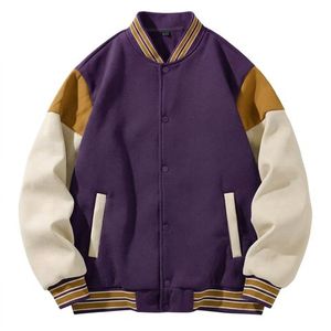 Men's <b>Purple</b> <b>Varsity</b> <b>Jacket</b> Color Blocking Cotton Polyester Casual Autumn Turn-down Collar Regular Fit - Product Image 1