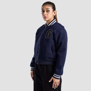 Navy Varsity Jacket With Embroidered G Logo Full Sleeve <b>Zipper</b> Closure Turn-down Collar Autumn Wear - Product Image 2