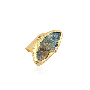 Luxury statement <b>ring</b> uneven shape multi fire <b>labradorite</b> rough stone <b>ring</b> brass 18k gold plated hammered texture band <b>rings</b> - Product Image 1