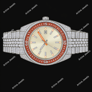 Montre de mode à cadran rond en cristal avec lunette orange argentée, affichage de la date, style luxueux et étincelant - Product Image 3