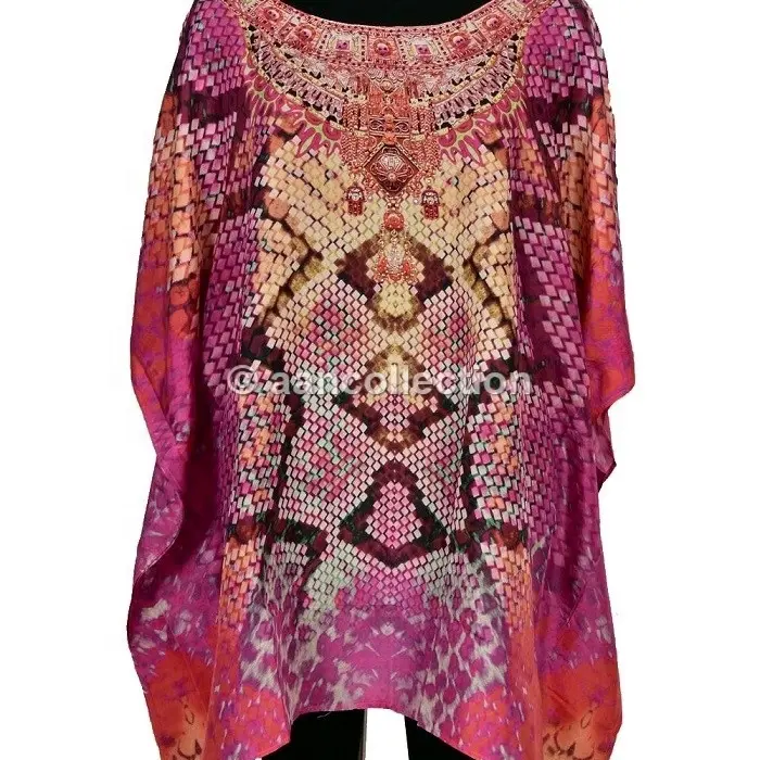 Women's Short Silk Kaftan By Wholesale Manufacturer Beachwear cover ups Cocktail party Knee Length Loose dress Bohemian Print