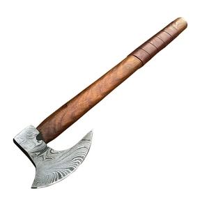 Hacha de doble hoja hecha a mano de grado industrial, de 18 pulgadas de largo total, con cabeza de acero de Damasco y mango de madera de palisandro. - Product Image 1