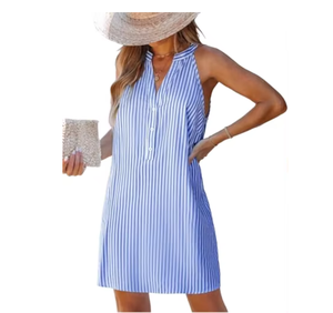 Vestido Mini sin Mangas con Cuello en V y Rayas Azules, Corte Holgado, Informal, Veraniego, de Algodón Tejido, Transpirable, Estilo Simple - Product Image 4