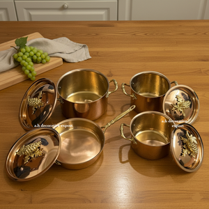 Ensemble de casseroles et poêles décoratives en acier inoxydable, style turc fait main, finition martelée dorée, écologique, motif raisins - Product Image 6