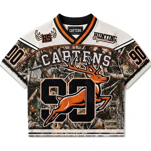 T-shirt en maille personnalisé, coupe oversize et courte, style maillot de football avec impression par transfert thermique, camouflage rétro, style streetwear, anti-bactérien, col en V - Product Image 3